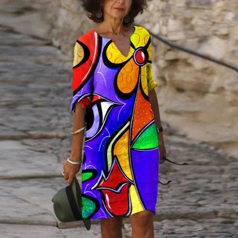 V collar sexy retro abstract print dress 100 casual long skirt women