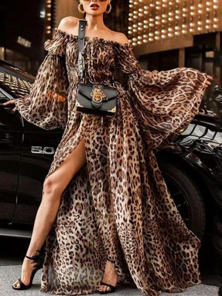 Leopard Print Off Shoulder Split Boho Maxi Dress