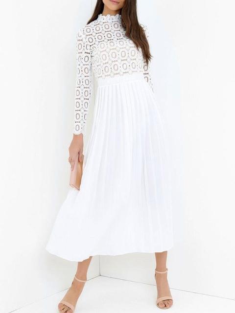 White Lace Splice Long Sleeve Maxi Dress
