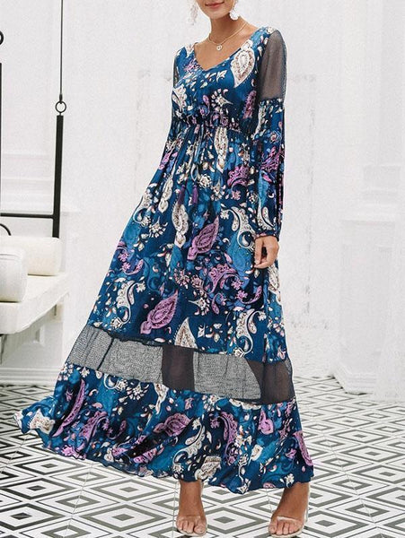 Floral Print V Neck Long Sleeve Beach Maxi Dress