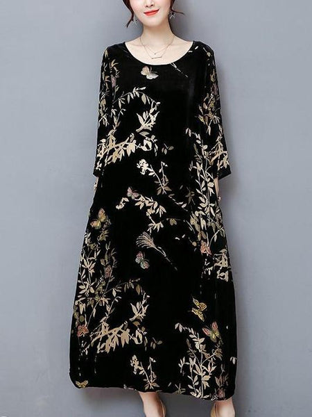 Velvet Print Round Neck Loose Maxi Dress