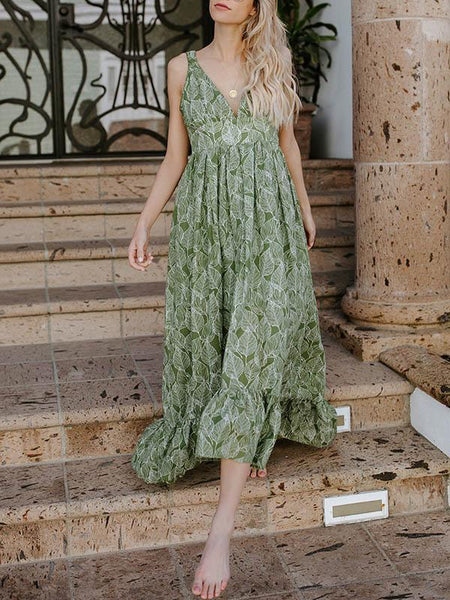 Floral Green Spaghetti-Strap V-Neck Leaves Maxi Dress