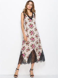 Floral Lace Split-joint V-neck Sleeveless Bohemia Midi Dress
