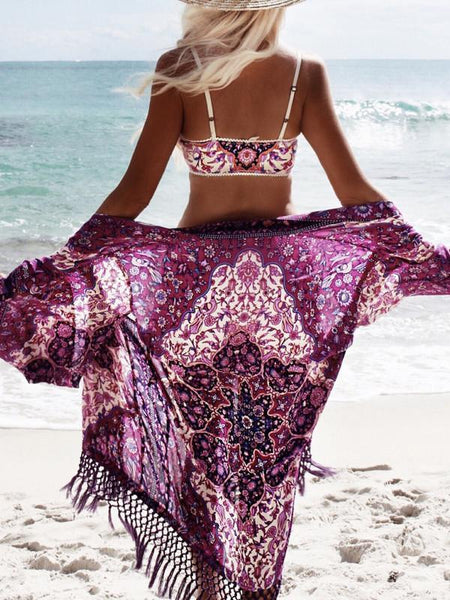 Chiffon Printed Tassel Cardigan Beach Bikini Cover Up