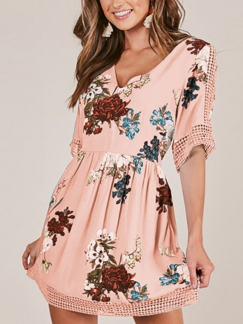 FLORAL V NECK CASUAL HALF SLEEVE MINI DRESS