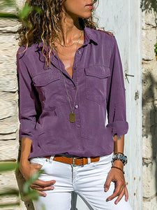 Casual Solid Color Long Sleeve Plain Button Pocket Blouses Tops