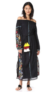 Shoulder-off Bohemian stripes heavy geometric embroidery tassels linen in the long section of the Black dress