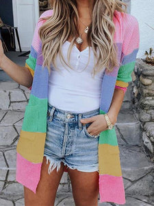 Rainbow Long Sleeves Color Block Knitted Cardigan Sweaters