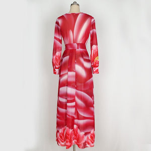 Elegant Chiffon Printed V Neck Long Sleeve Belted Maxi Long Dress
