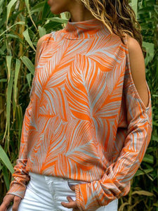 High Neck Long Sleeve Orange Floral Print Knitted Sweater