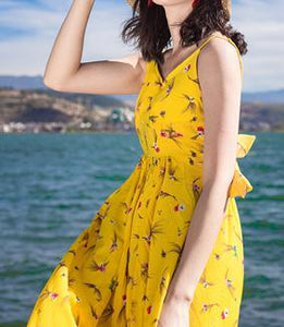 2018 New Floral Print Spaghetti Strap Split Chiffon Beach Maxi Dress