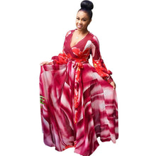 Load image into Gallery viewer, Elegant Chiffon Printed V Neck Long Sleeve Belted Maxi Long Dress