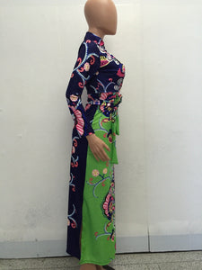 Elegant Floral Print V Neck Long Sleeve Side Split Belted Maxi Long Dress
