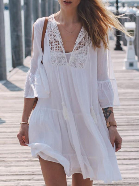 White 3/4 Trumpet Sleeves Mini Beach Dress