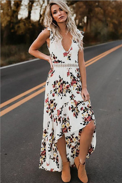 Sexy dress sleeveless V-neck print irregular long dress