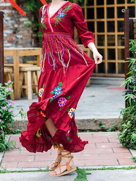 Boho Gypsy Floral Embroidery V Neck Maxi Dress