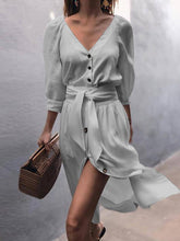 Load image into Gallery viewer, Casual Solid Color V Neck Three-quarter Sleeve Button Lace-Up Midi Dress