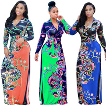 Load image into Gallery viewer, Elegant Floral Print V Neck Long Sleeve Side Split Belted Maxi Long Dress