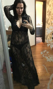 Sexy Lace Hollow Deep V Neck Long Sleeve Maxi Long Dress