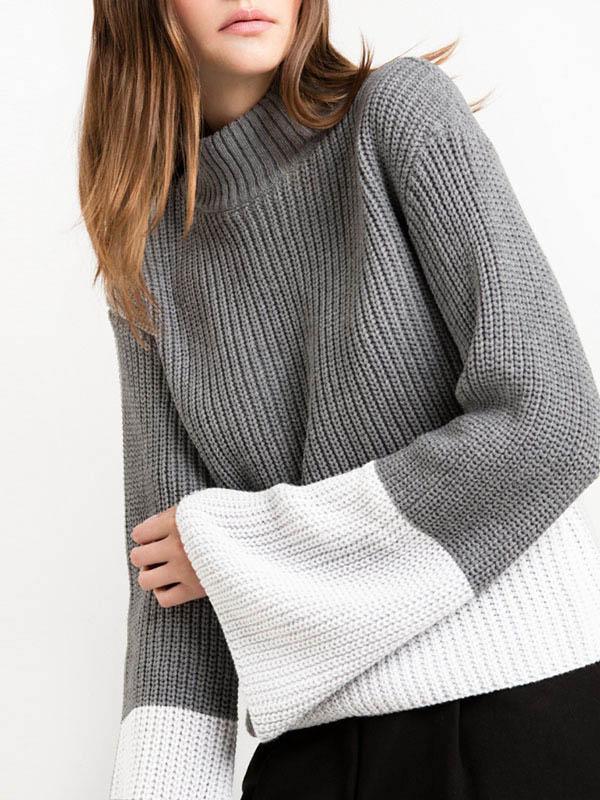 Simple Split-joint Flared Sleeves Sweater Tops