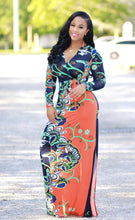 Load image into Gallery viewer, Elegant Floral Print V Neck Long Sleeve Side Split Belted Maxi Long Dress