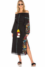 Load image into Gallery viewer, Shoulder-off Bohemian stripes heavy geometric embroidery tassels linen in the long section of the Black dress