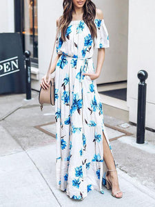 2018 New Floral Print Off Shoulder Short Sleeve Side Split Maxi Long Dress