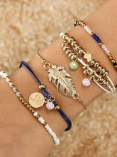 Load image into Gallery viewer, Ethnic Style Creative Alloy Rice Beads Love Leaves Feathers Multi-Layer Bracelet Cord Woven Bracelet Set Of 5