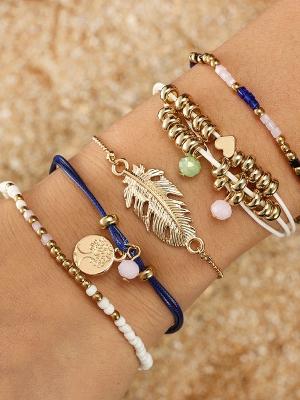 Ethnic Style Creative Alloy Rice Beads Love Leaves Feathers Multi-Layer Bracelet Cord Woven Bracelet Set Of 5