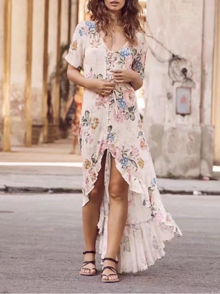 Chiffon Floral Print Short Sleeve Irregular Maxi Dress