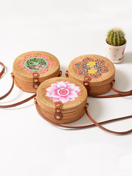 Boho Style Rattan Flower Pattern Round Bag