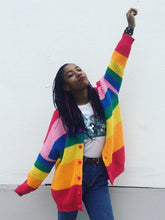 Load image into Gallery viewer, Colorful Rainbow Striped Long Sleeve Button Cardigan Sweater