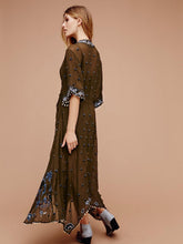 Load image into Gallery viewer, Print Embroidered V Neck Half Sleeve Button Maxi Dress