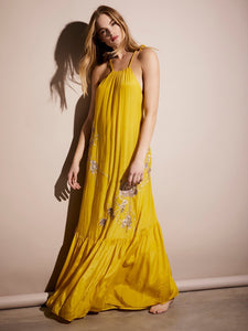 Bright COLOR Embroidered Flower Satin Bohemian Halter Dress