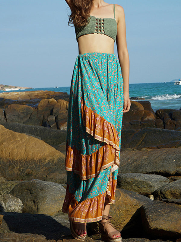 Summer Beach Falbala Waves Loose High Waist Bust Skirt