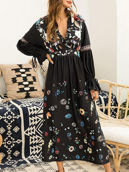 Flared Sleeves V-Neck Floral Maxi Dress