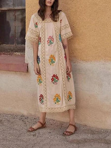 Bohemia Short Sleeve Embroidered Maxi Dress