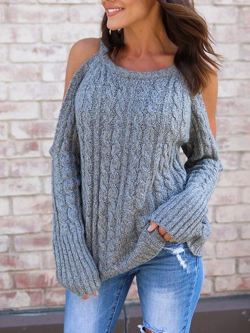 Knit Cold Shoulder Long Sleeve Winter Casual Sweater