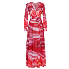 Load image into Gallery viewer, Elegant Chiffon Printed V Neck Long Sleeve Belted Maxi Long Dress