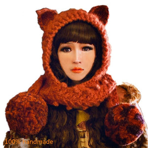 Winter Warm Handmade Knit Cute Cat Ears Hat With Scarf And Gloves Suit