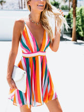 Load image into Gallery viewer, Colorful Stripe Spaghetti Strap Backless Mini Dress