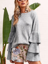 Load image into Gallery viewer, Knit Round Neck Ruffle Sleeve Grey Sweater