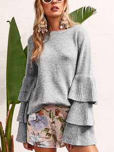 Knit Round Neck Ruffle Sleeve Grey Sweater