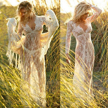 Load image into Gallery viewer, Sexy Lace Hollow Deep V Neck Long Sleeve Maxi Long Dress