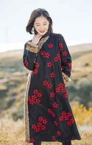 Chinese National Style Vintage Floral Long Woolen Outwear Coat