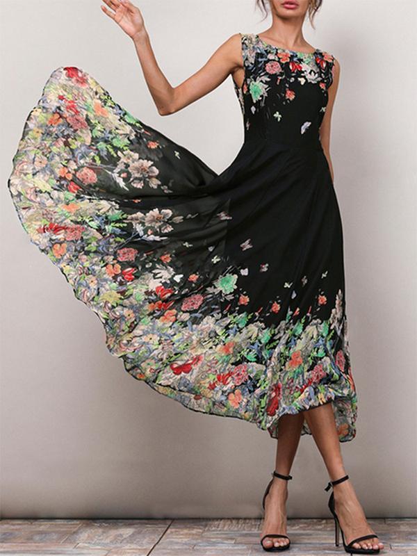 Casual Floral Print Sleeveless A-line Midi Dress