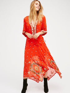 Print Embroidered V Neck Half Sleeve Button Maxi Dress