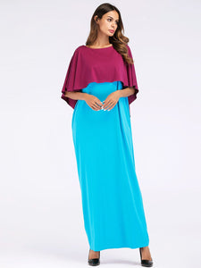 Fashion Contrast Color Asymmetry Cloak Patckwork Design Maxi Long Dress