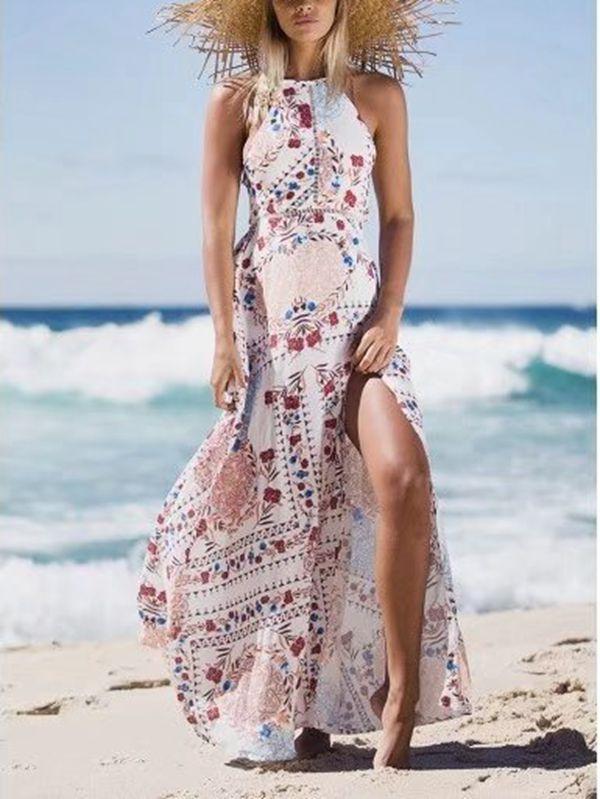 Seaside Vacation Retro Beach Big Swing Halterneck Split Dress