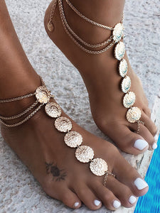 Boho Vintage Ethnic Carved Flower Plate Foot Chain Anklet Accessories